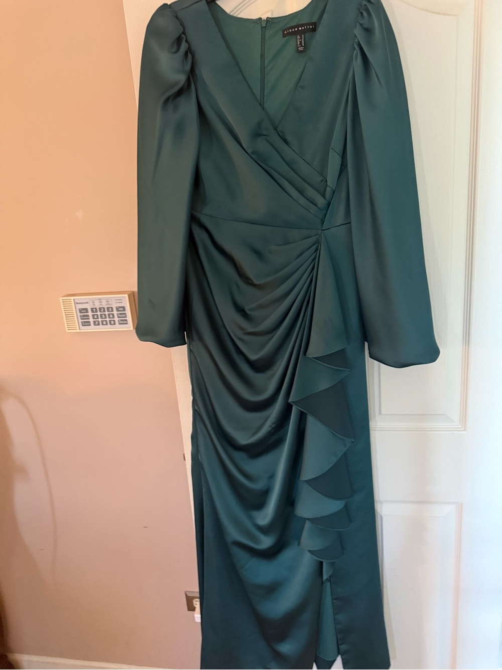 Aidan Mattox Teal Draped V-Neck Maxi Dress with Ruffle Detail